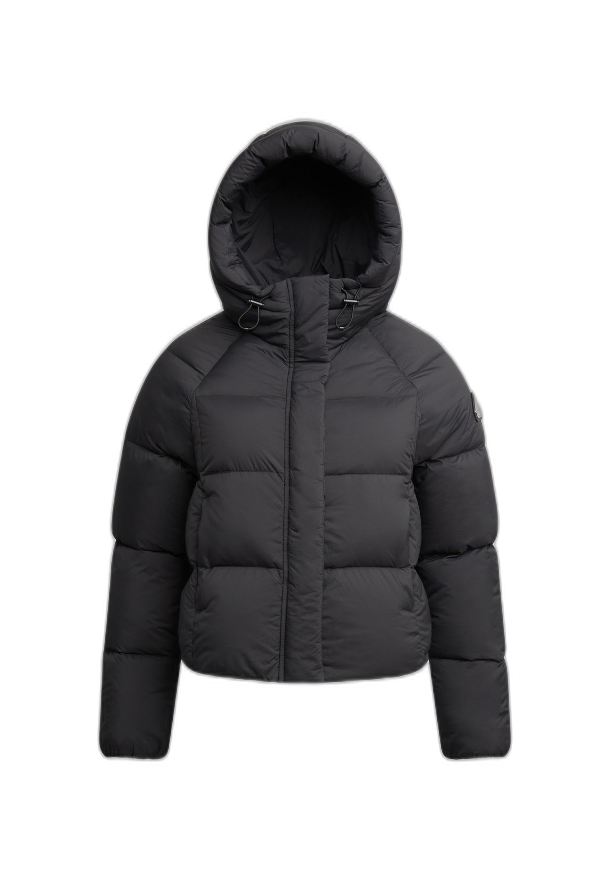 Cloud Crop Jacket Black, a womens short puffer jacket with cropped cut, adjustable hood, and lightweight design.