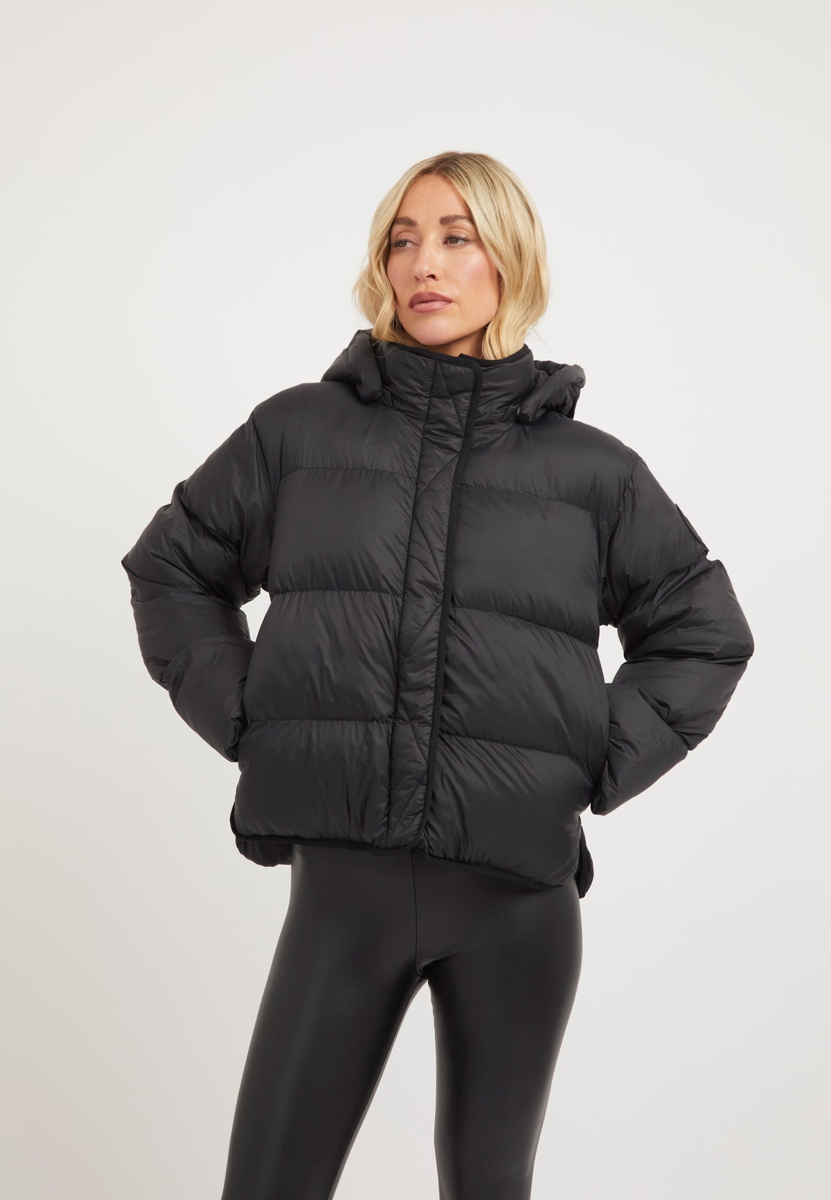 Helio Crop Duvet Jacket Black on model front view by JACK1T