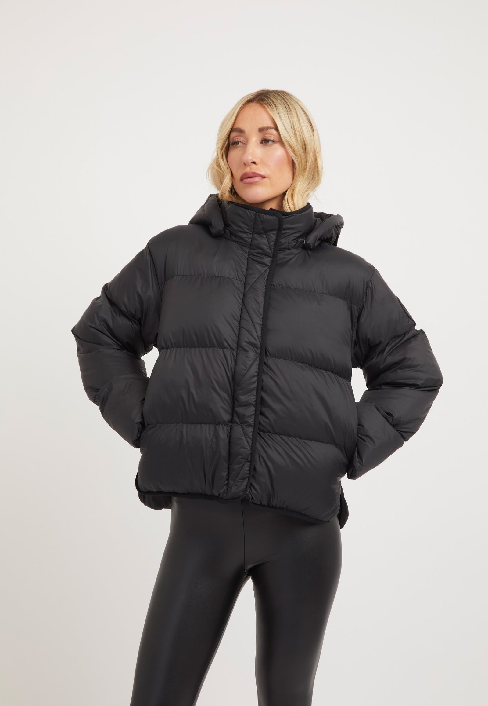 Helio Crop Duvet Jacket Black on model front view by JACK1T