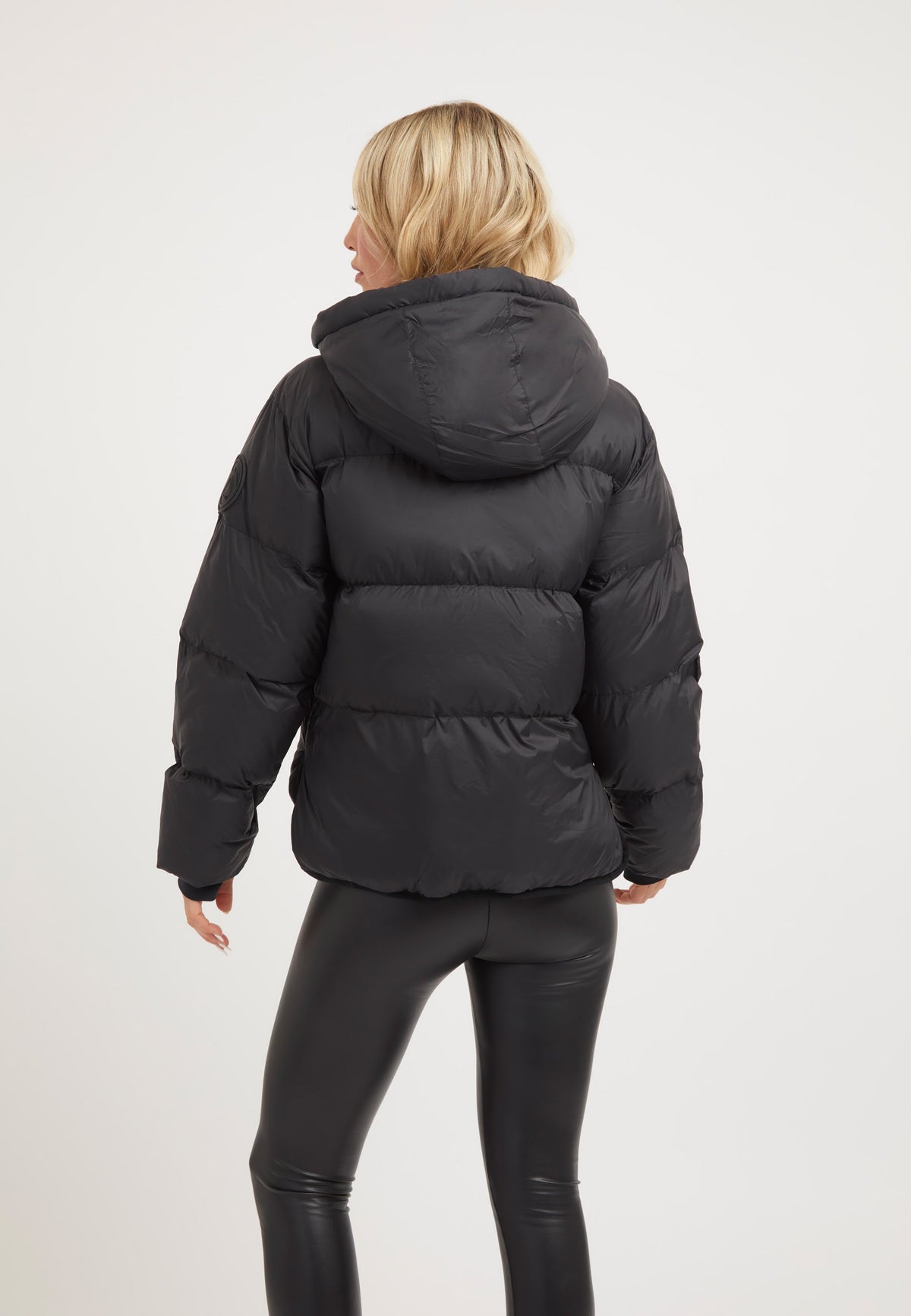 Helio Crop Duvet Jacket Black on model full length by JACK1T