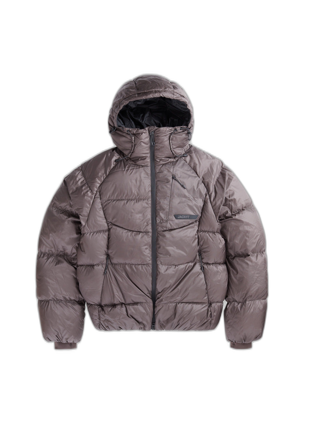 Oversized puffer brown mid brown jacket with adjustable hood and fleece lined pockets.