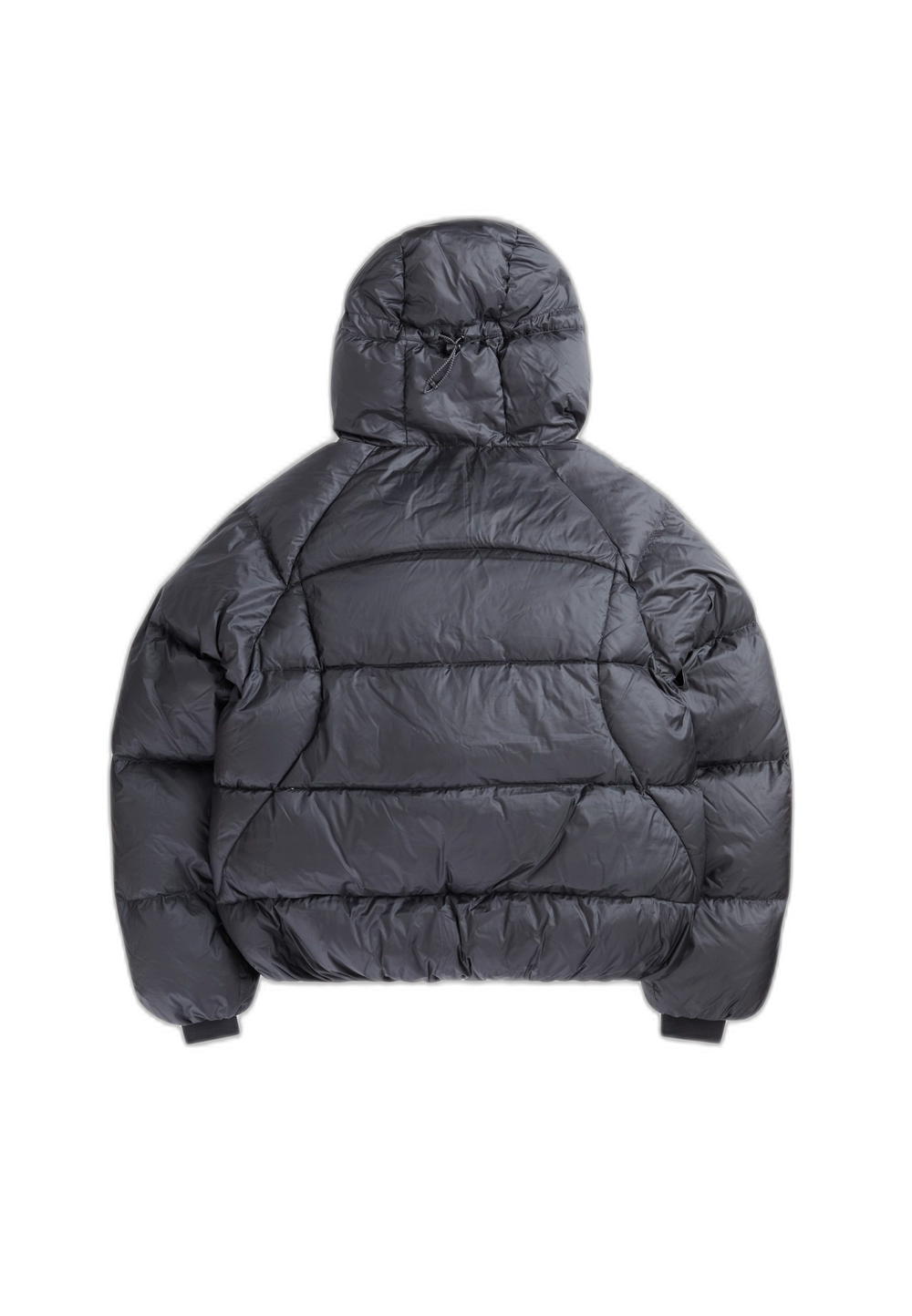 Back view of oversized puffer black jacket featuring a hood and puffy design, showcasing its modern silhouette.