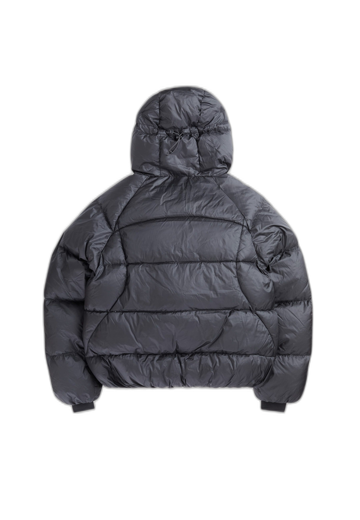Back view of oversized puffer black jacket featuring a hood and puffy design, showcasing its modern silhouette.
