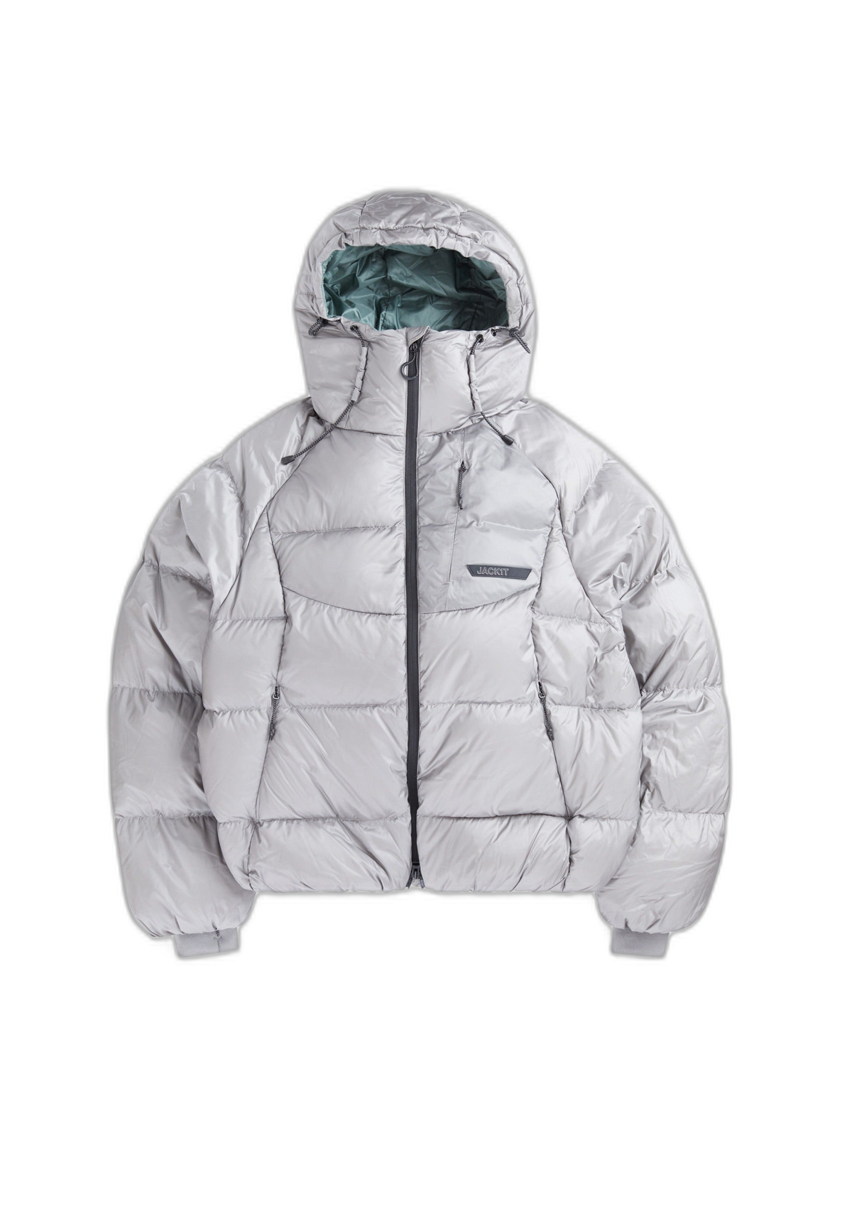 Oversized puffer grey bubble jacket with adjustable hood and fleece lined pockets.