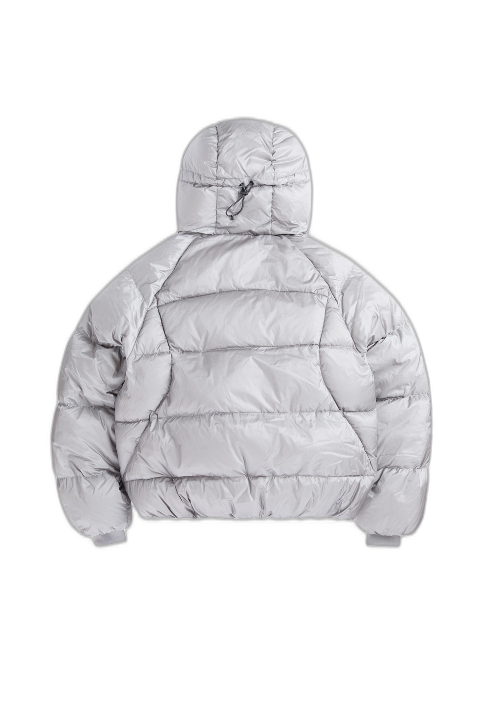 Back view of oversized puffer grey jacket with adjustable hood and soft fabric.
