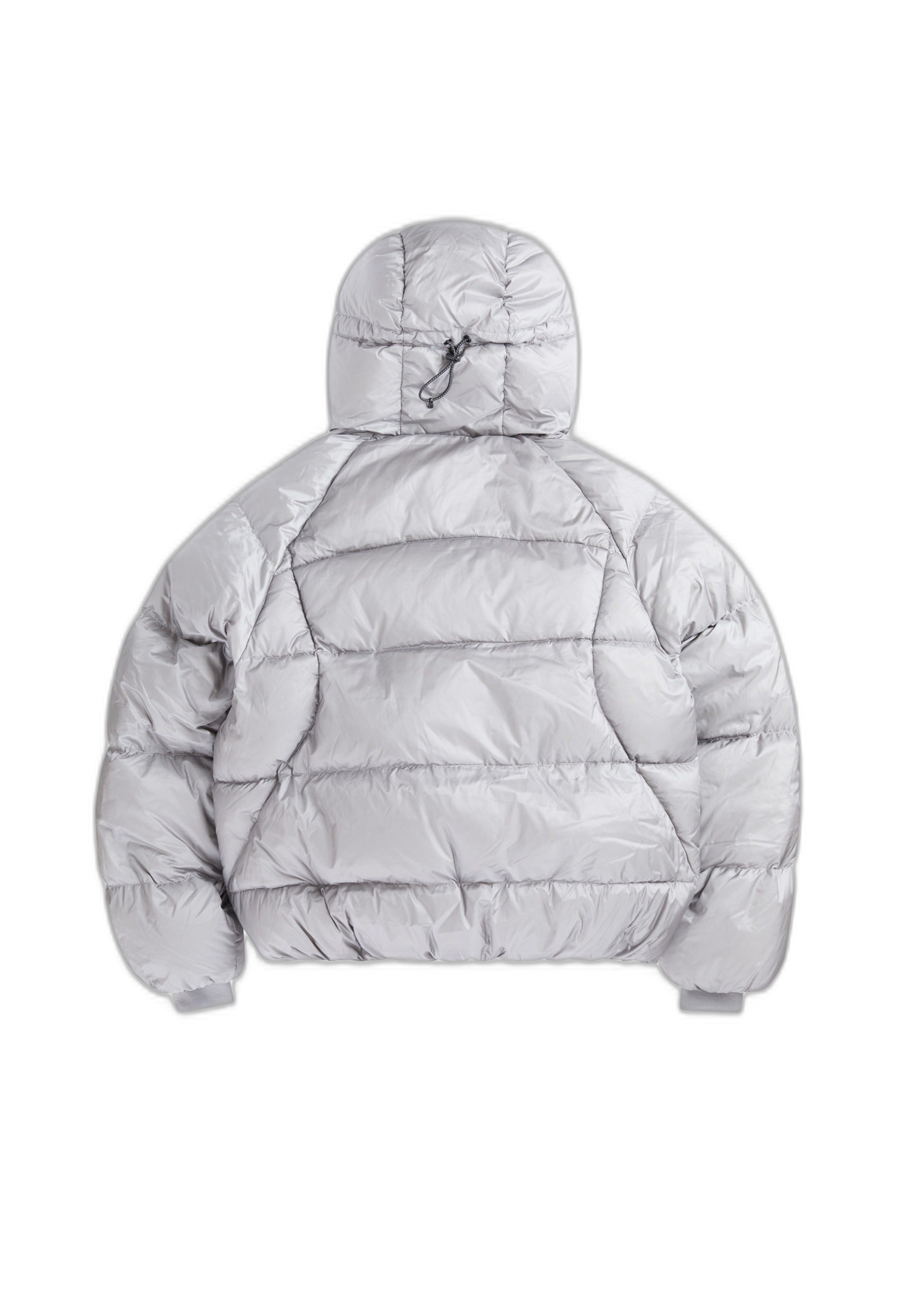 Back view of oversized puffer grey jacket with adjustable hood and soft fabric.