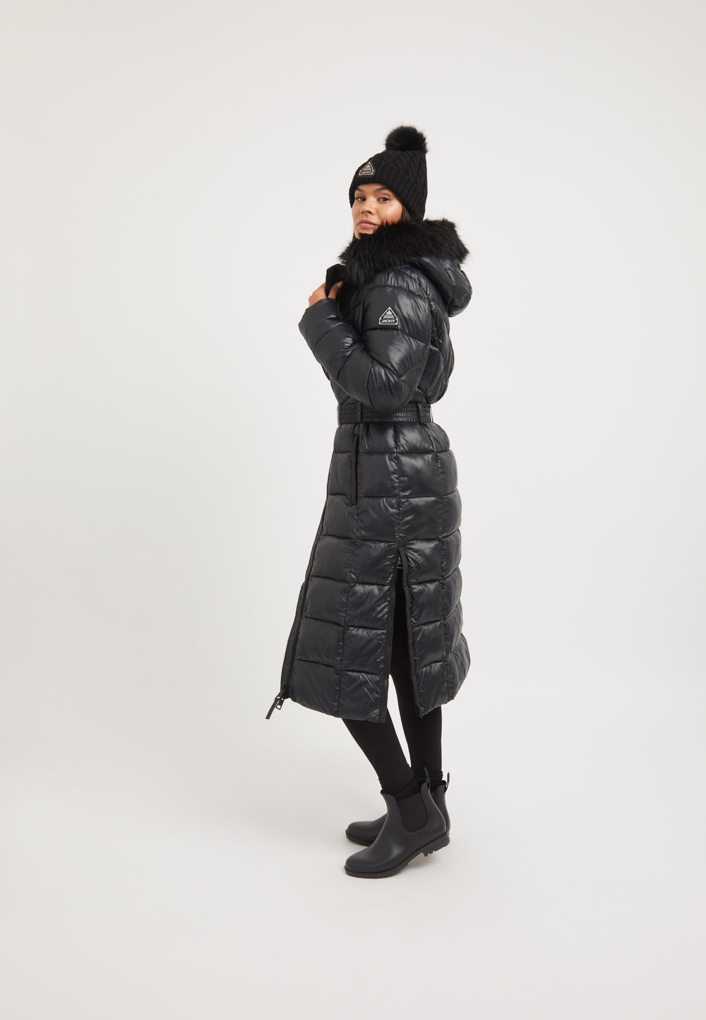 Diamond Belted Extra Long ONELOFT Coat Black on model back view by JACK1T