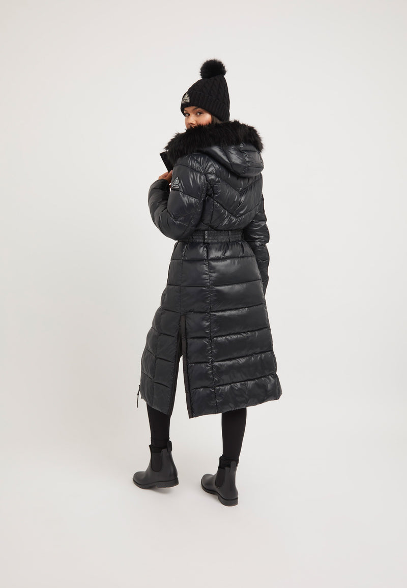Diamond Belted Extra Long ONELOFT Coat Black on model full length by JACK1T