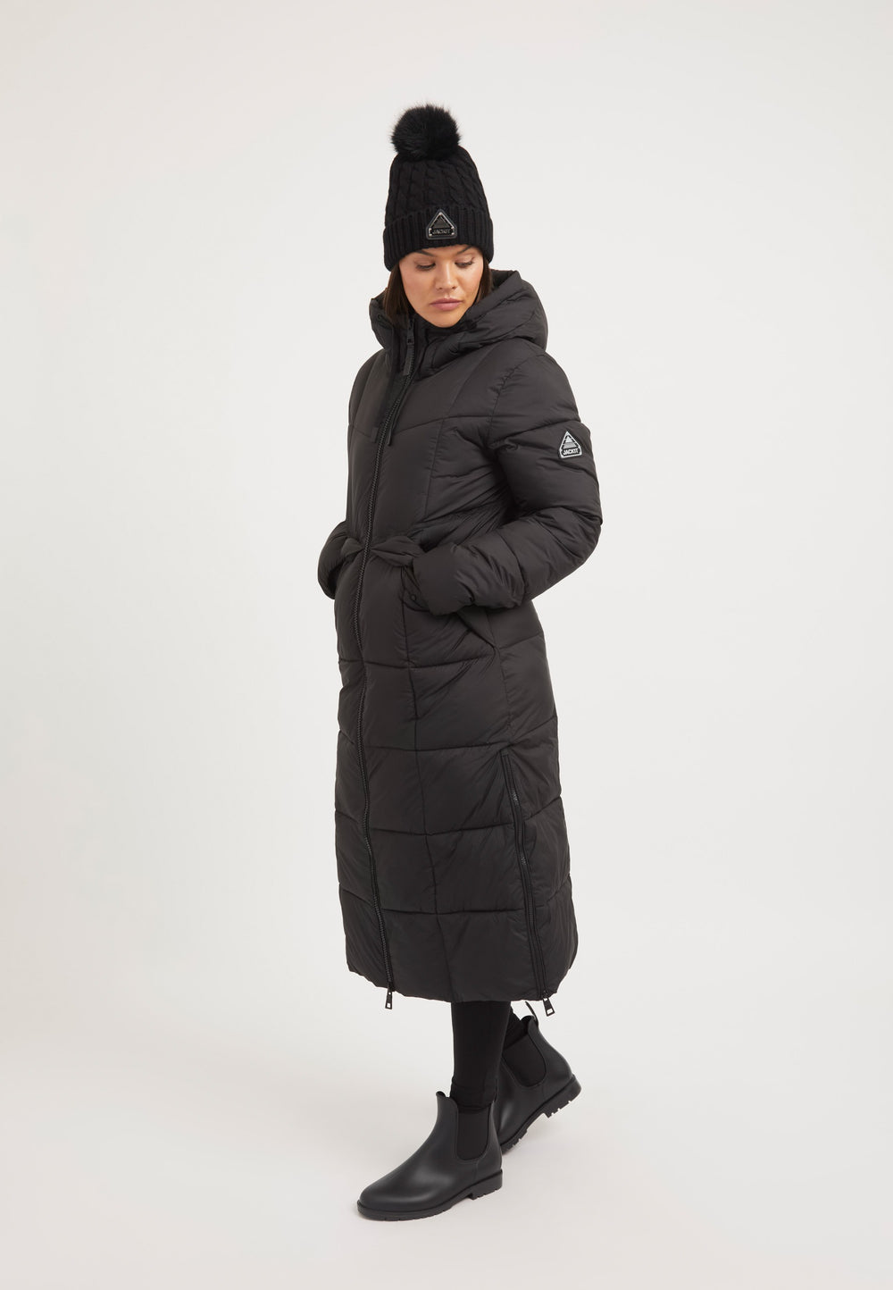 Black Star Ex-long Puffer Matt Coat Black on model back view by JACK1T
