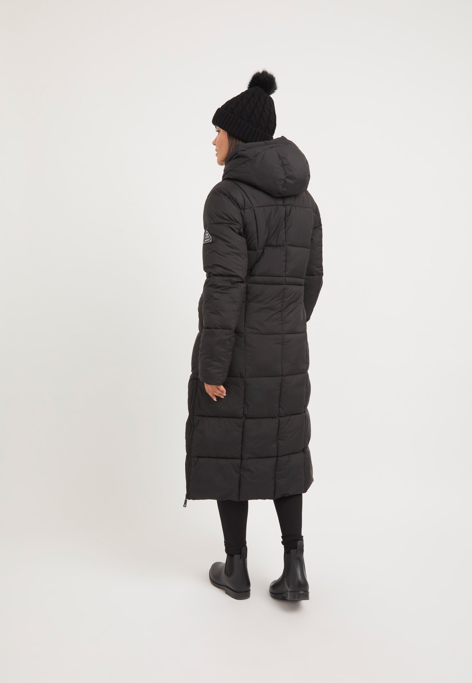 Black Star Ex-long Puffer Matt Coat Black on model full length by JACK1T
