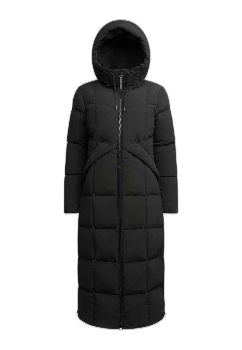 Black Star extra long puffer coat featuring a full length silhouette and adjustable hood.