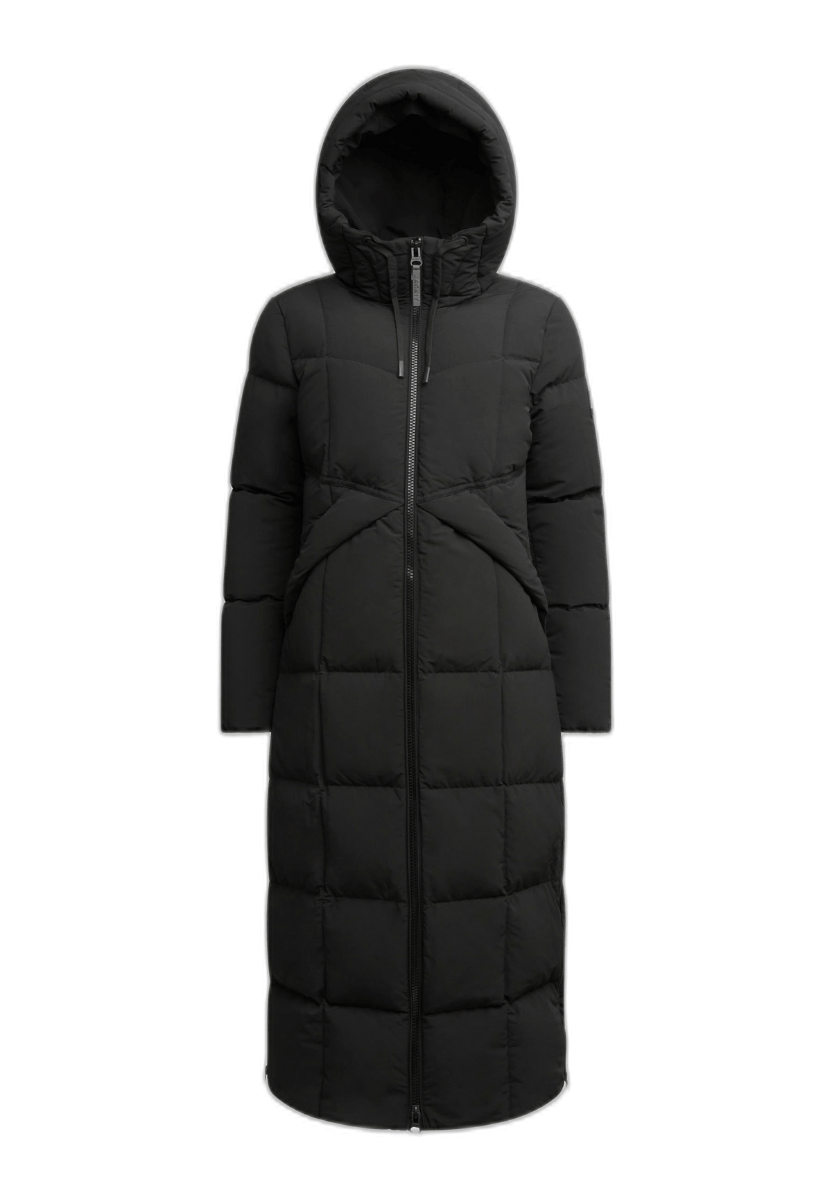 Black Star extra long puffer coat featuring a full length silhouette and adjustable hood.