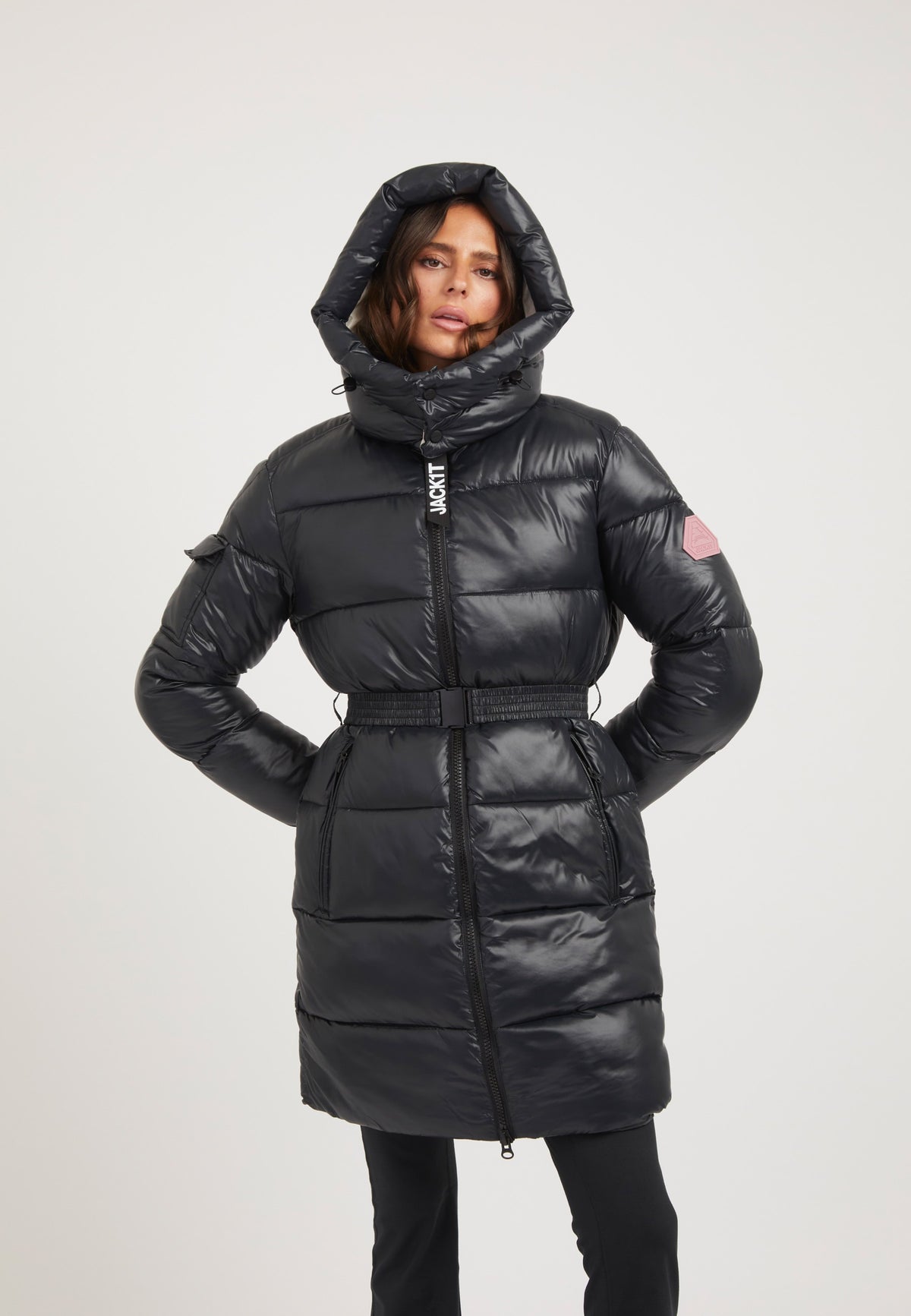EZ Belted Coat Black/Stone on model front view by JACK1T