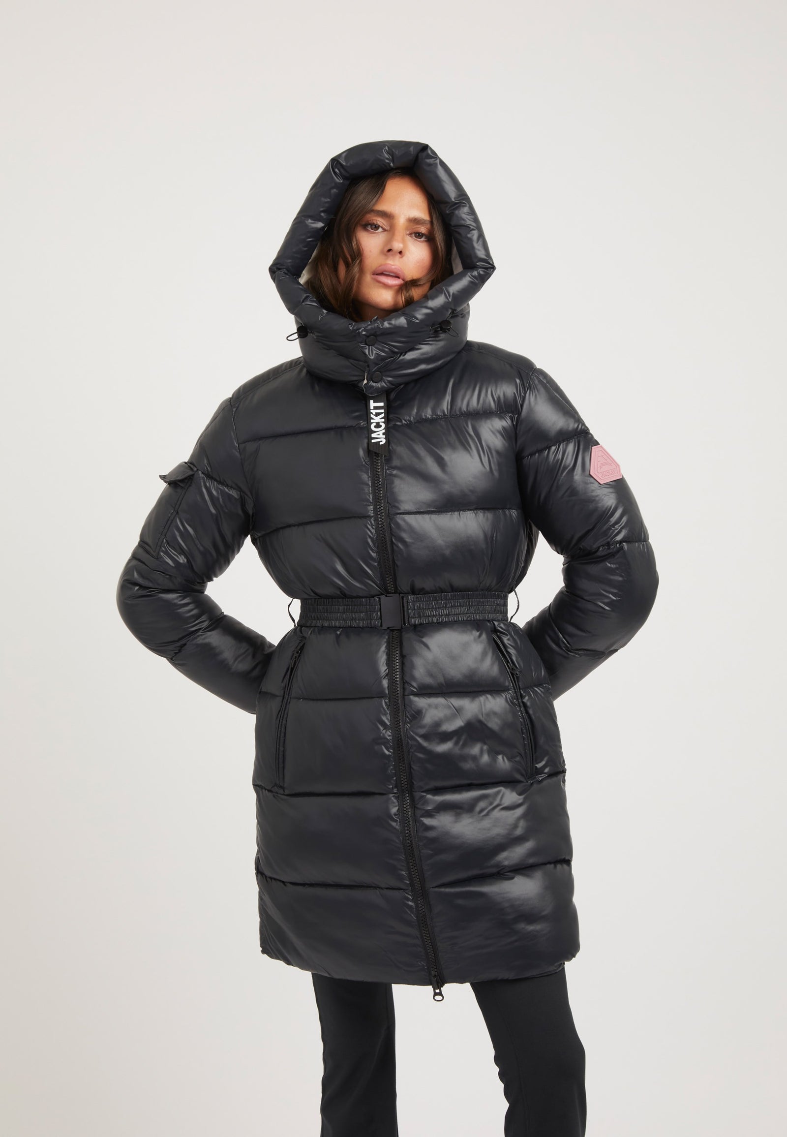 EZ Belted Coat Black/Stone on model front view by JACK1T