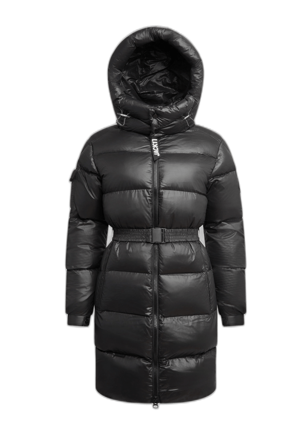 womens belted coat black on display featuring a puffy design and grown-on hood