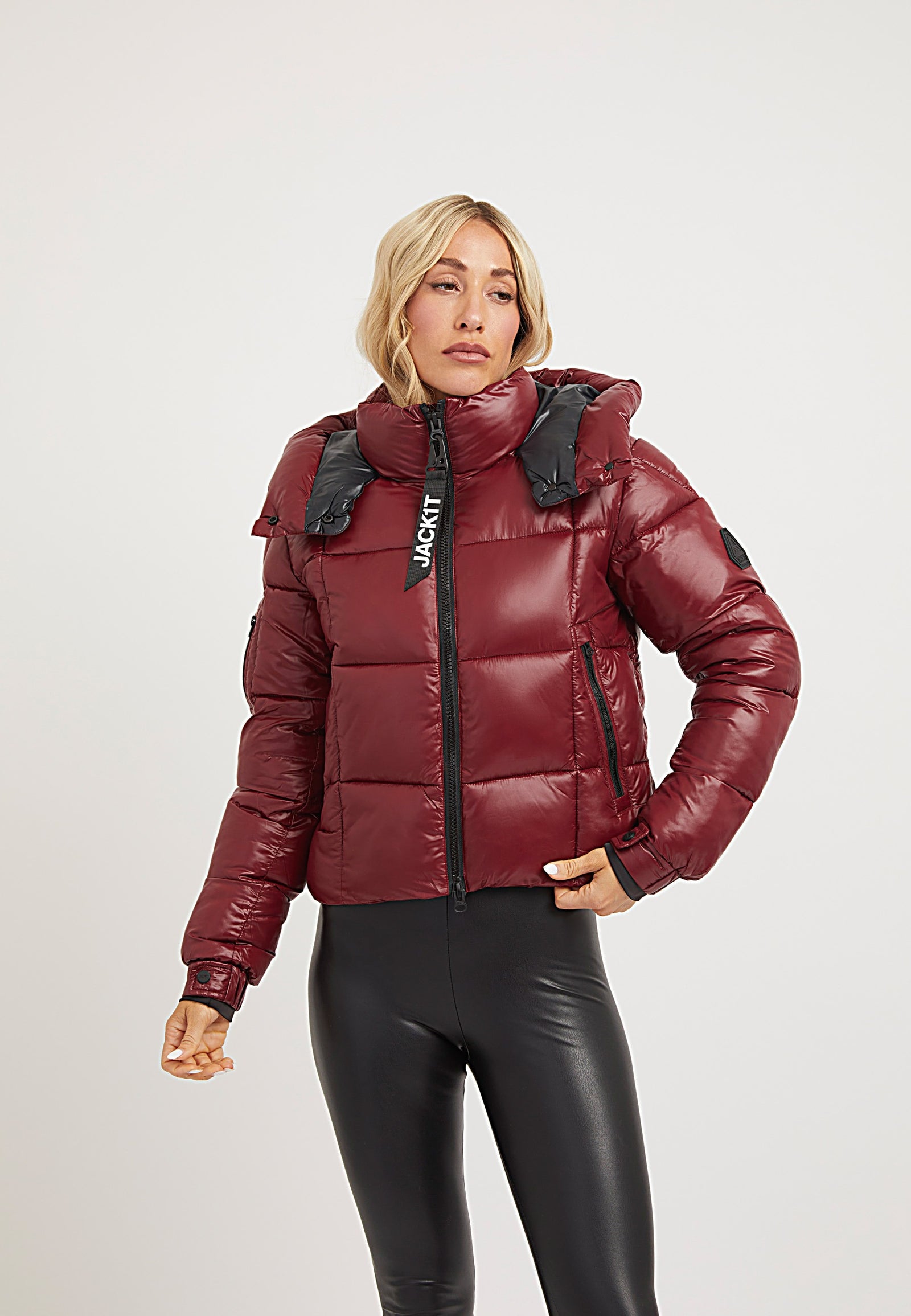 EZ Box Crop Jacket Dark Cranberry on model front view by JACK1T