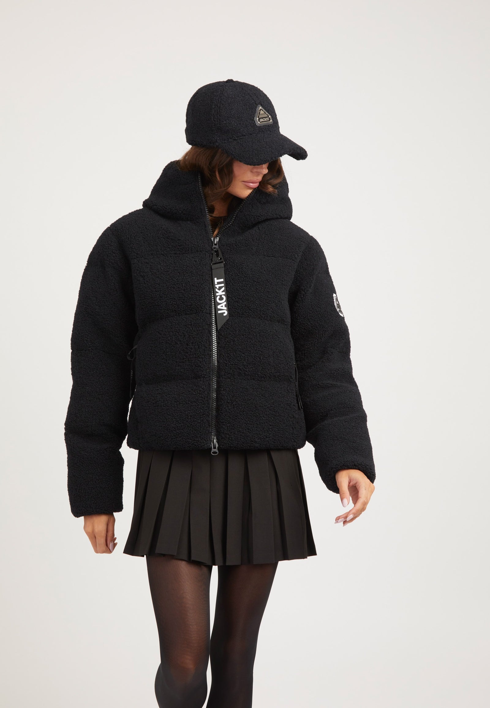 EZ Sherpa Cropped Jacket Black on model front view by JACK1T
