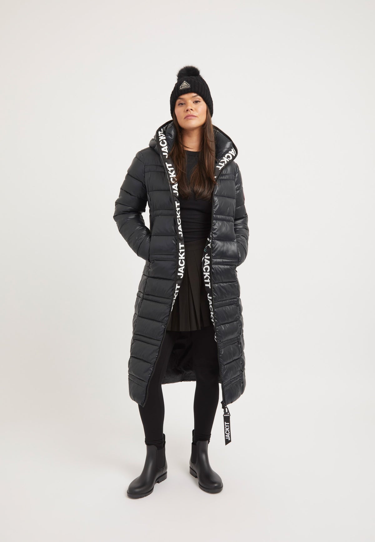R4D Extra Long Straight Baffle Coat Black on model front view by JACK1T