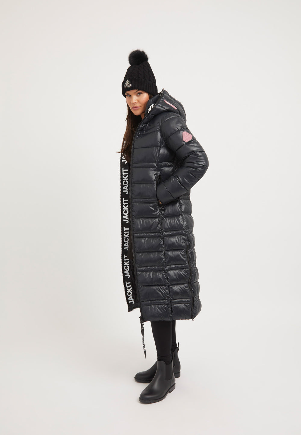 R4D Extra Long Straight Baffle Coat Black on model back view by JACK1T