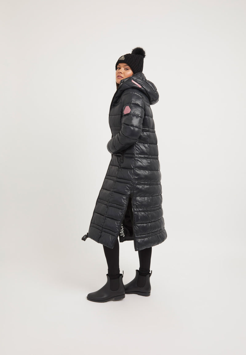 R4D Extra Long Straight Baffle Coat Black on model full length by JACK1T
