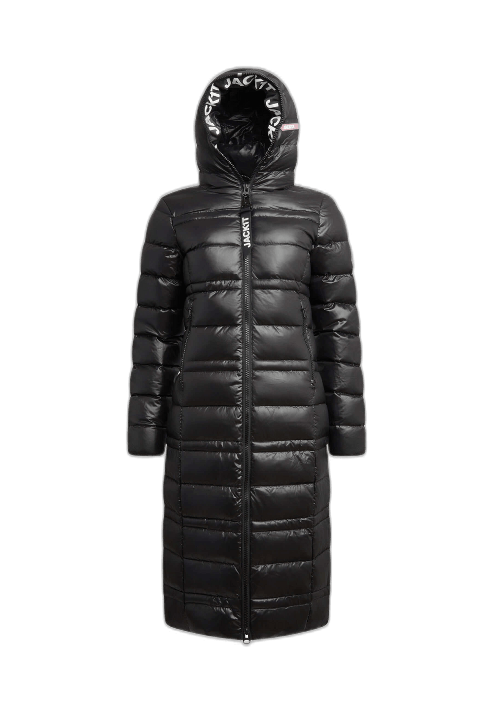 Extra Long Puffer Coat in black, featuring a hood, full-length design, and durable water-repellent fabric.
