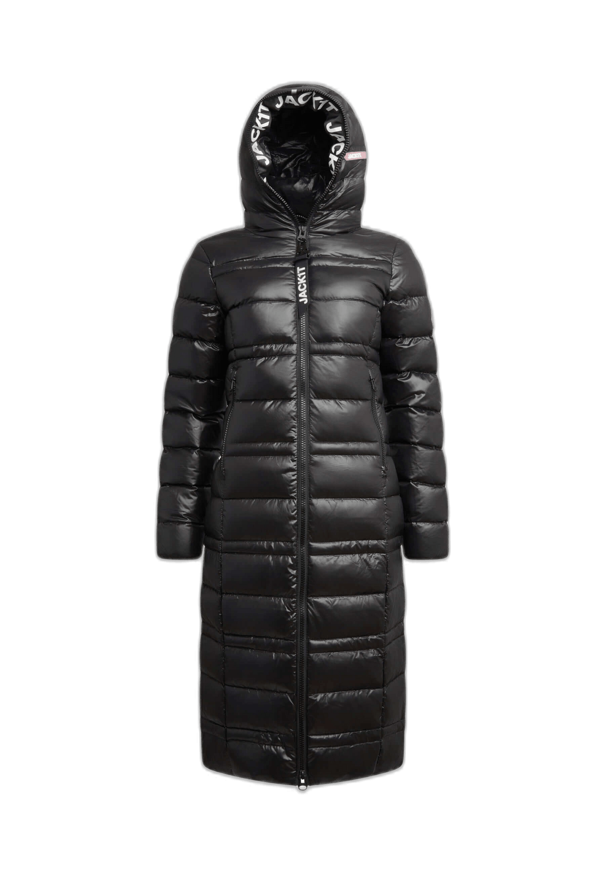 Extra Long Puffer Coat in black, featuring a hood, full-length design, and durable water-repellent fabric.