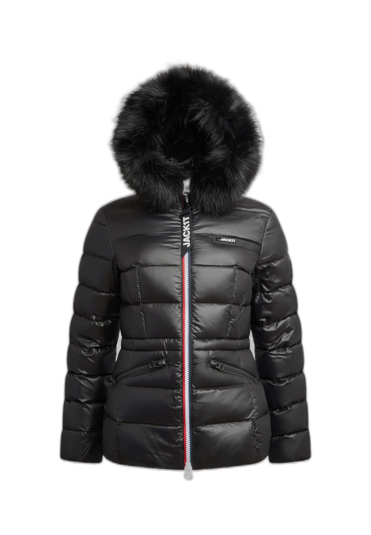 Black womens puffer jacket with removable faux-fur trim and tapered racer fit design.
