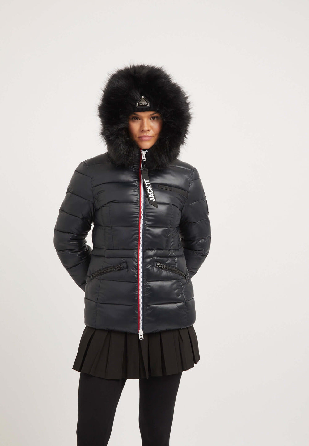 Model wearing the R4D Tricolore Racer Jacket Black with removable faux-fur trim, showcasing a black womens puffer jacket style.
