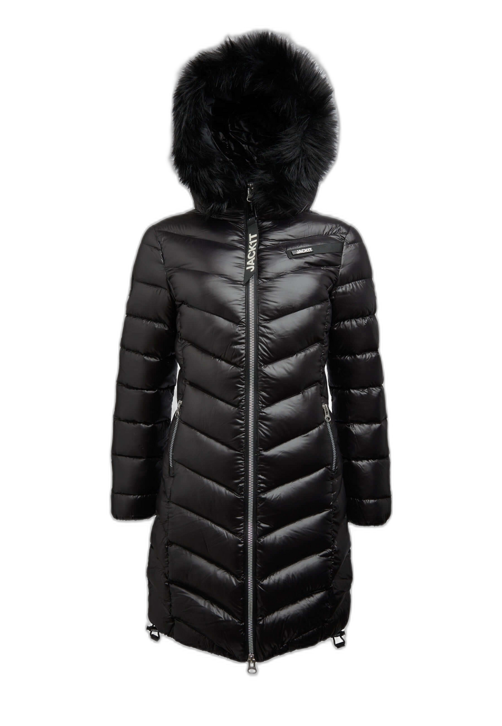R4D Luxe Coat Black, black womens puffer coat with faux-fur trim hood and premium insulation.