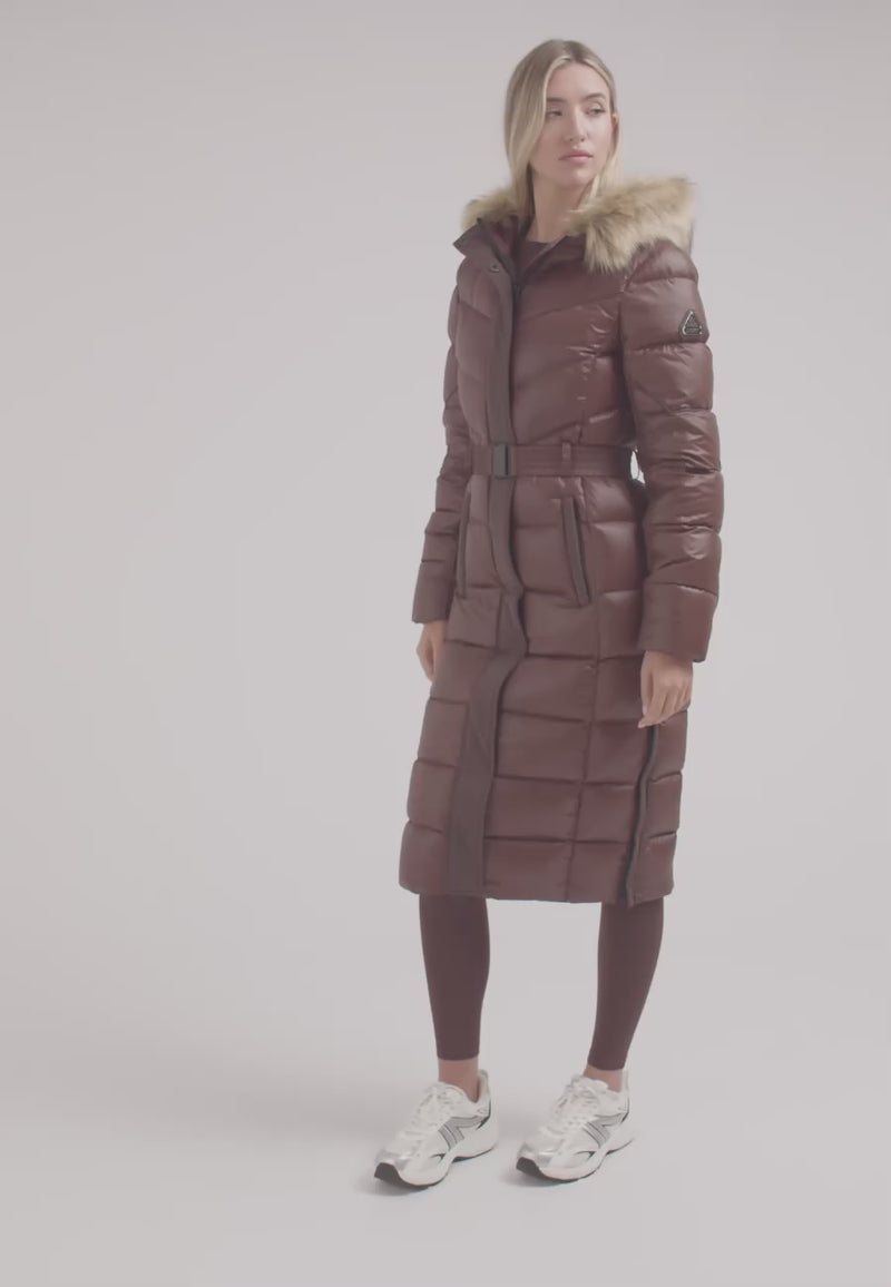 Diamond Belted Extra Long Down Coat Mid Brown Natural